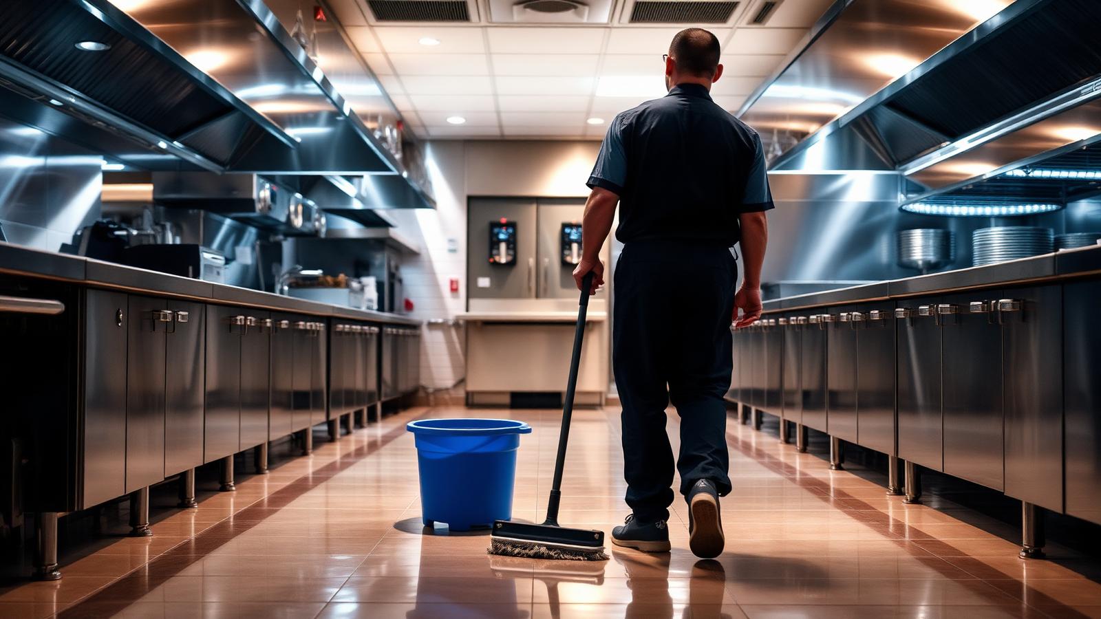 Premium Cleaning Services crew deep-cleaning a commercial kitchen after service