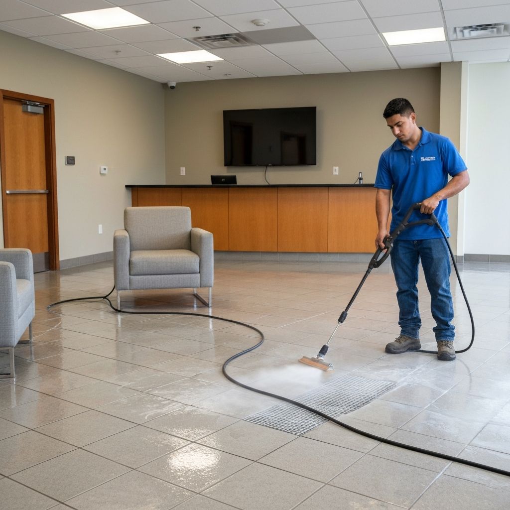 High-pressure commercial tile and grout cleaning in a NJ facility